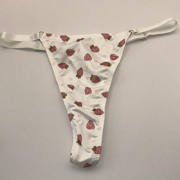 Silky Liquid Satin Pink Strawberry & Polka Dot Stretchy White Thong Panties NEW - Picture 9 of 11